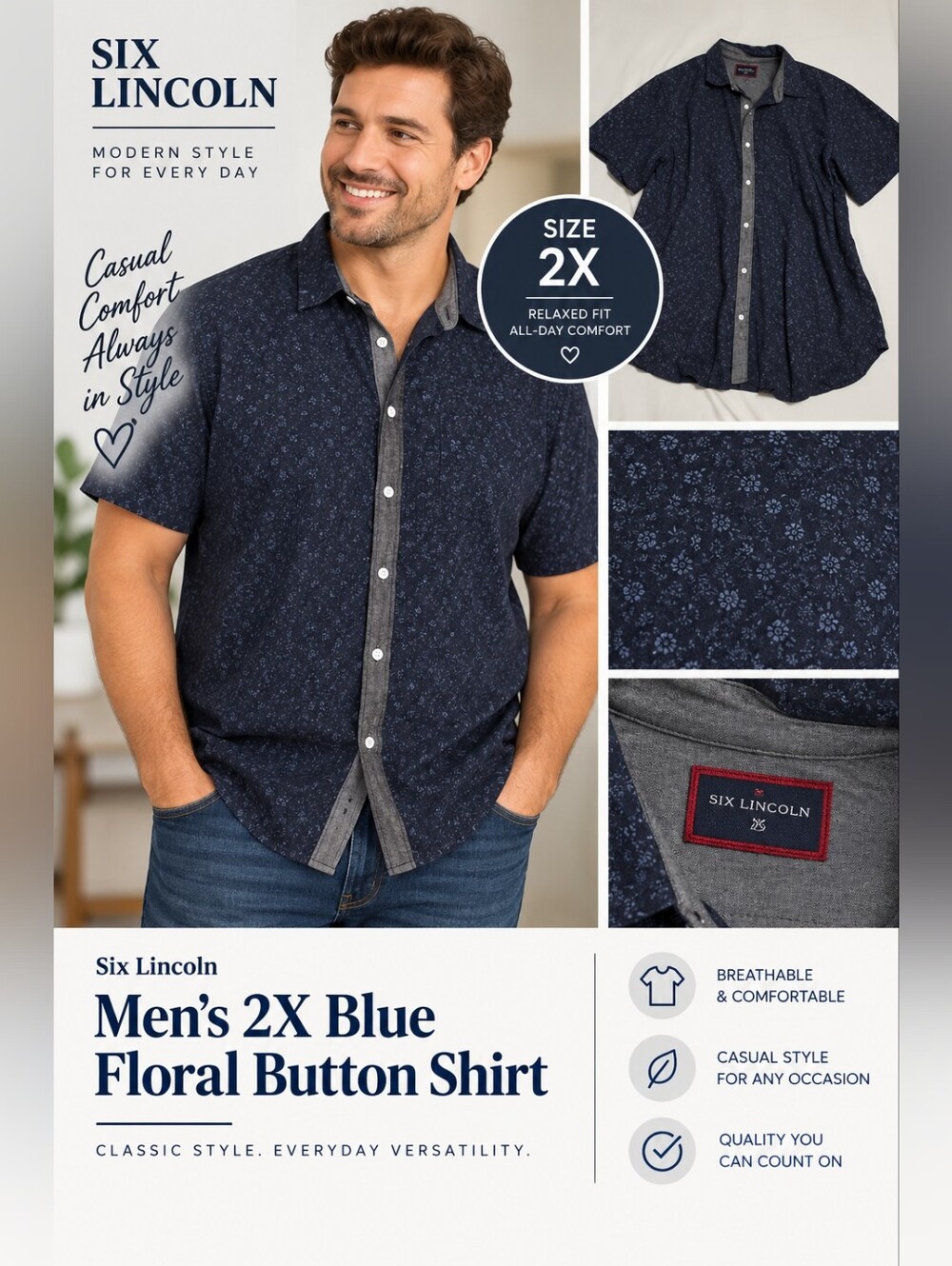 Six Lincoln mens 2X blue floral button shirt #12